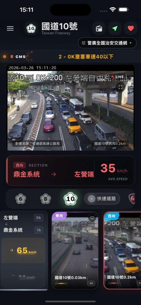 國道 10 號攝影機列表與路段速度